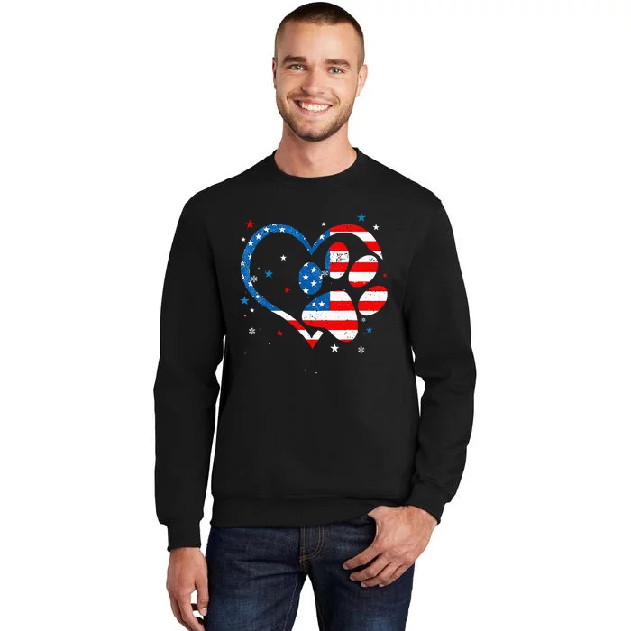 American Flag Patriotic Dog & Cat Paw Print 4th Of July Tall Sweatshirt