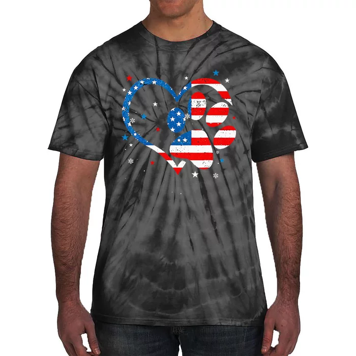 American Flag Patriotic Dog & Cat Paw Print 4th Of July Tie-Dye T-Shirt