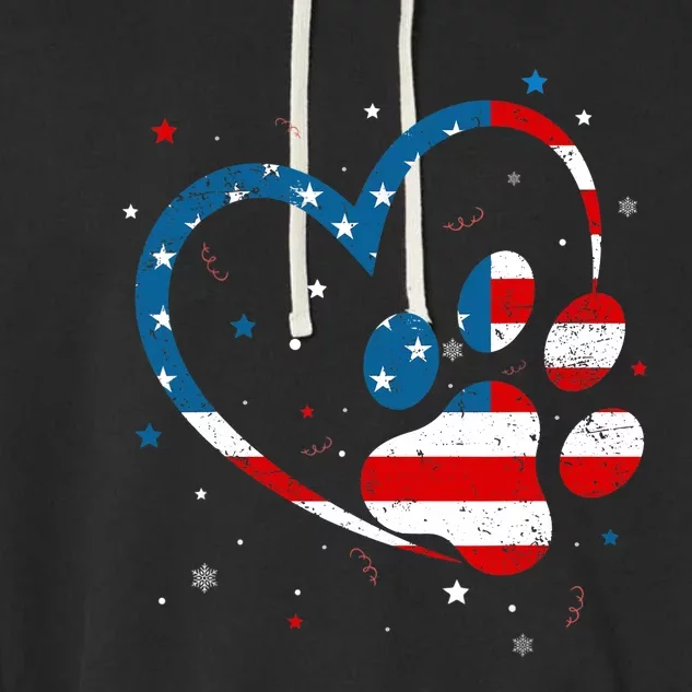 American Flag Patriotic Dog & Cat Paw Print - 4th Of July Garment-Dyed Fleece Hoodie