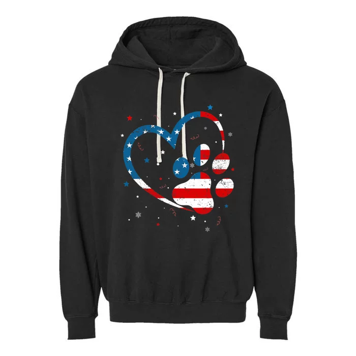 American Flag Patriotic Dog & Cat Paw Print - 4th Of July Garment-Dyed Fleece Hoodie