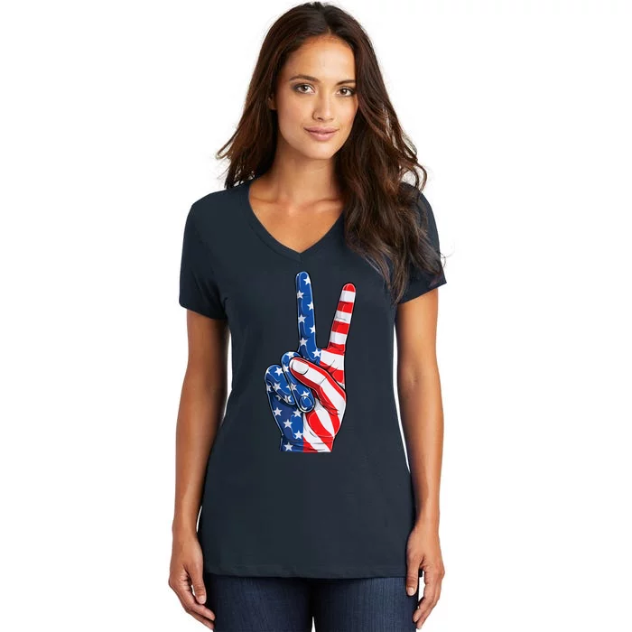 American Flag Peace Sign Hand Fourth of July vintage Women's V-Neck T-Shirt