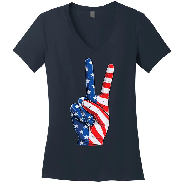 American Flag Peace Sign Hand Fourth of July vintage Women's V-Neck T-Shirt