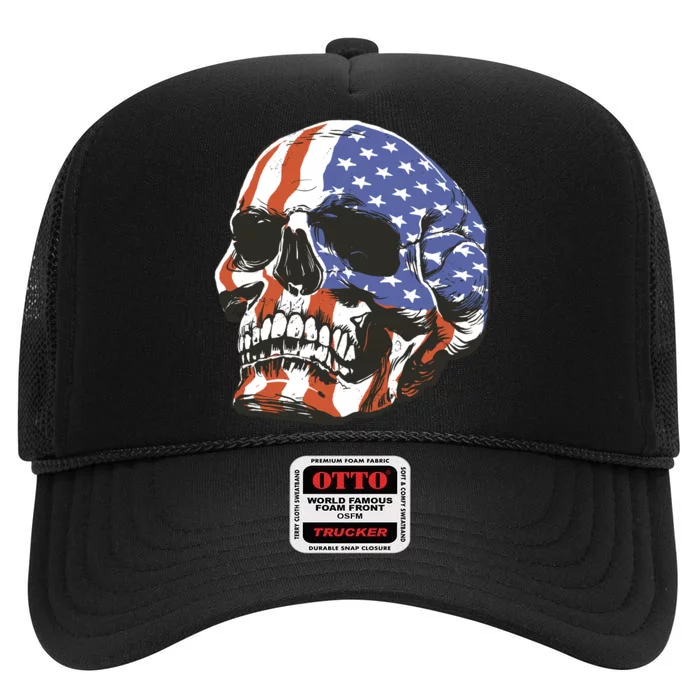 American Flag Patriotic Skull High Crown Mesh Trucker Hat