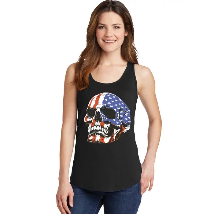 American Flag Patriotic Skull Ladies Essential Tank