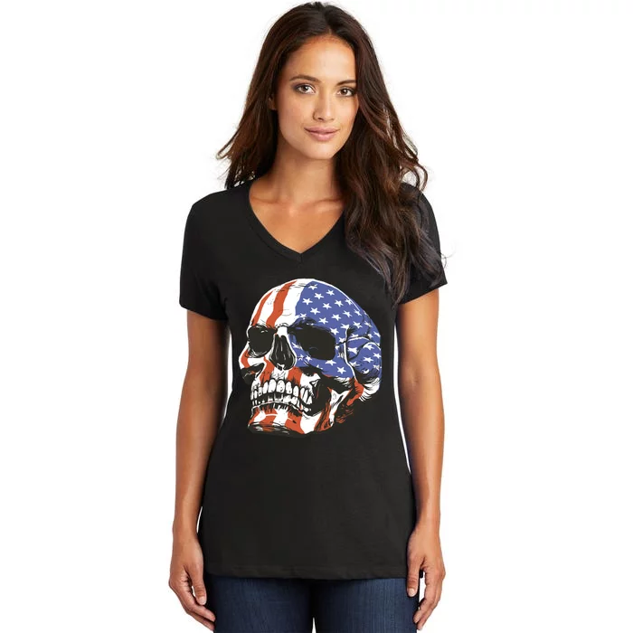 American Flag Patriotic Skull Women's V-Neck T-Shirt