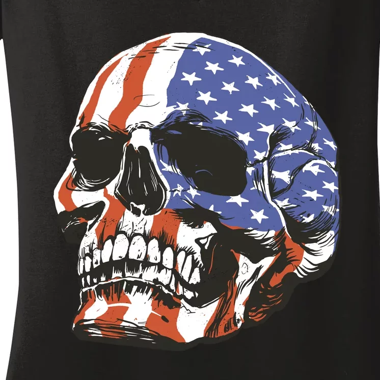 American Flag Patriotic Skull Women's V-Neck T-Shirt