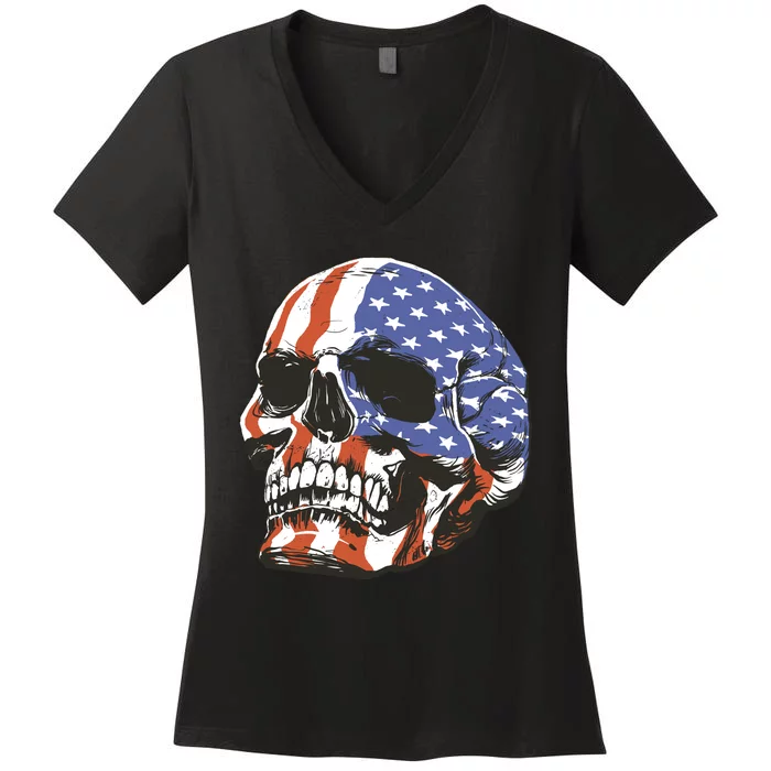 American Flag Patriotic Skull Women's V-Neck T-Shirt