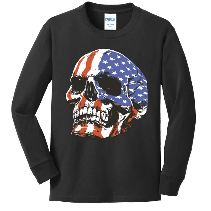 American Flag Patriotic Skull Kids Long Sleeve Shirt