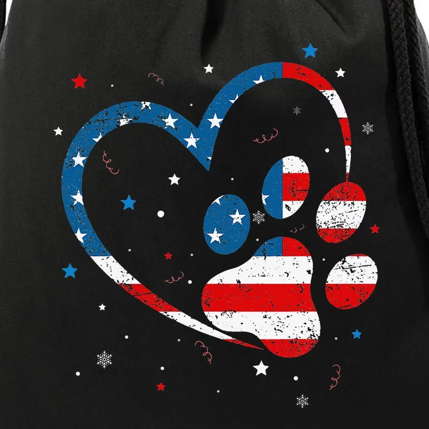 American Flag Patriotic Dog & Cat Paw Print 4th Of July Drawstring Bag