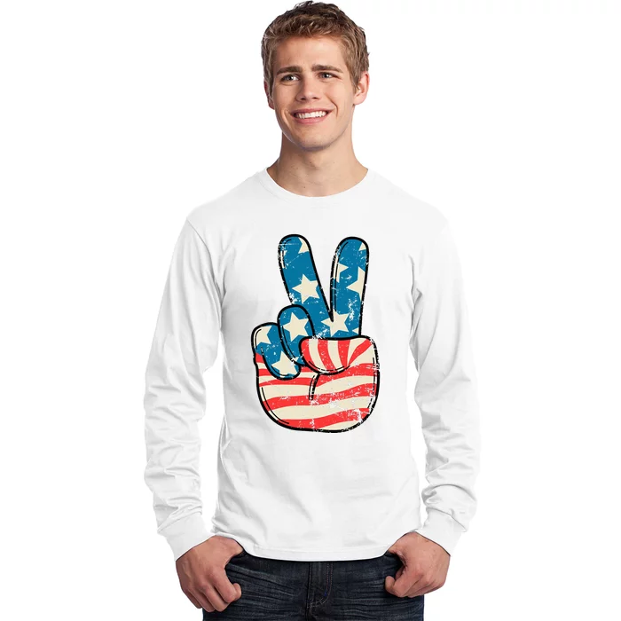 American Flag Peace Sign Hand 4th Of July Patriotic Long Sleeve Shirt