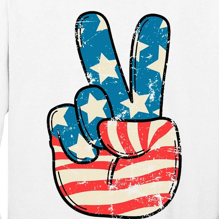 American Flag Peace Sign Hand 4th Of July Patriotic Long Sleeve Shirt