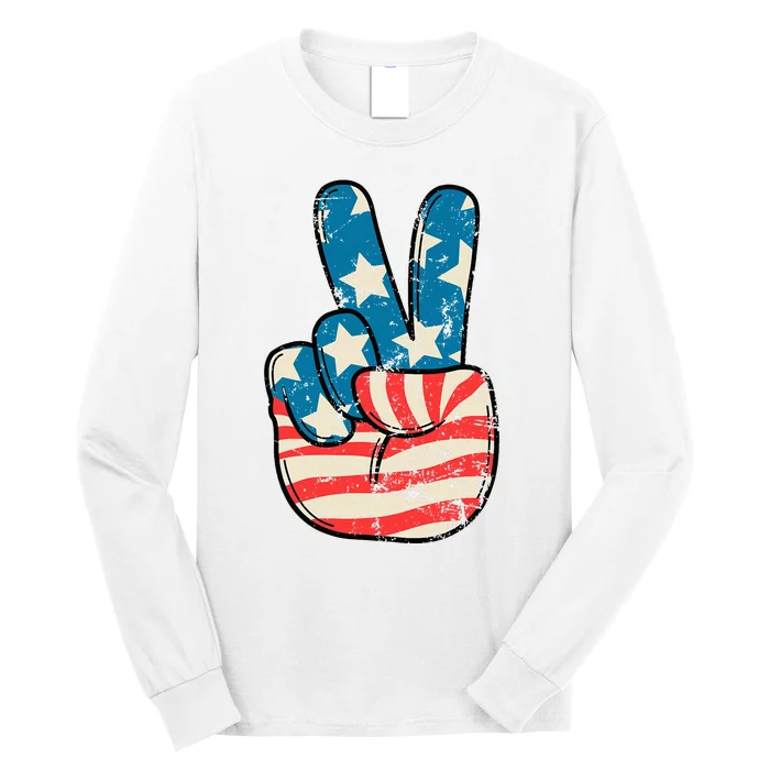 American Flag Peace Sign Hand 4th Of July Patriotic Long Sleeve Shirt