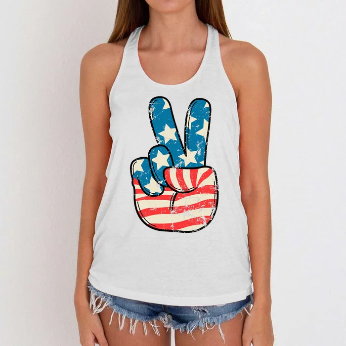 American Flag Peace Sign Hand 4th Of July Patriotic Women's Knotted Racerback Tank