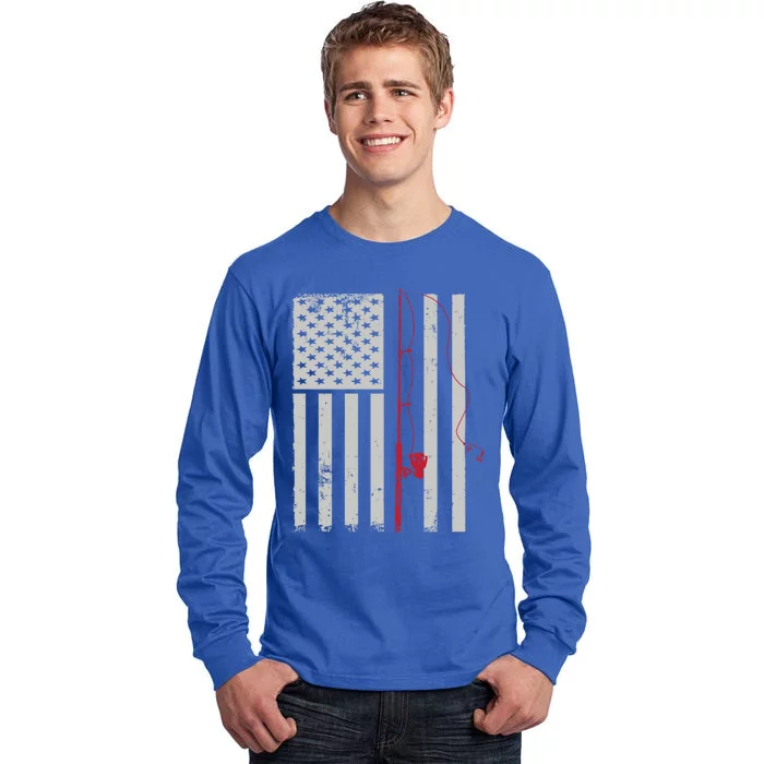 American Flag Patriotic Fishing Pole Outdoors Gift Tall Long Sleeve T-Shirt