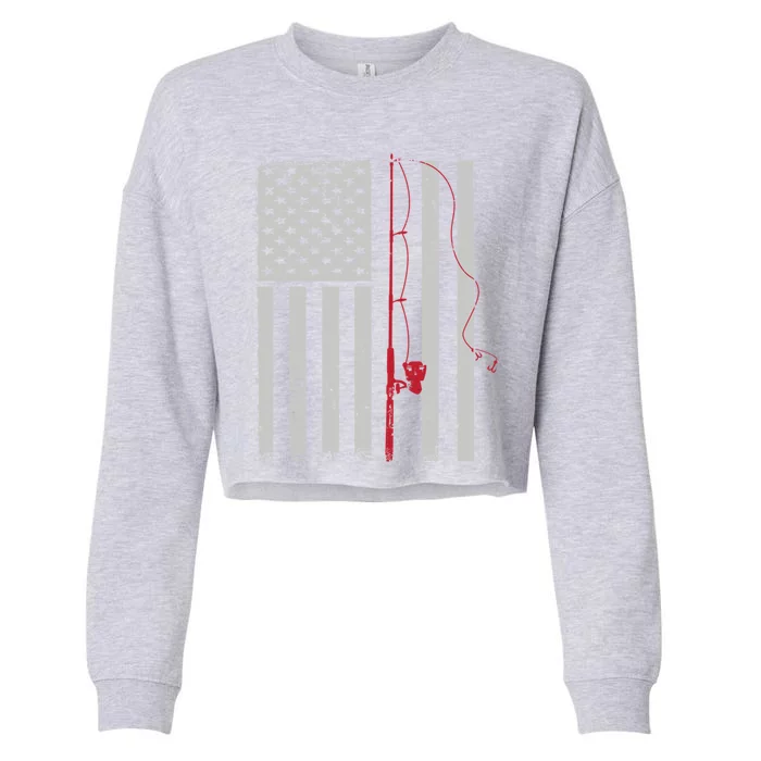 American Flag Patriotic Fishing Pole Outdoors Gift Cropped Pullover Crew