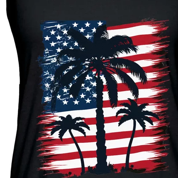 American Flag Palm Trees Patriotic 4th of July Ladies Essential Flowy Tank