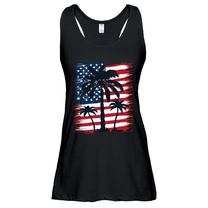 American Flag Palm Trees Patriotic 4th of July Ladies Essential Flowy Tank