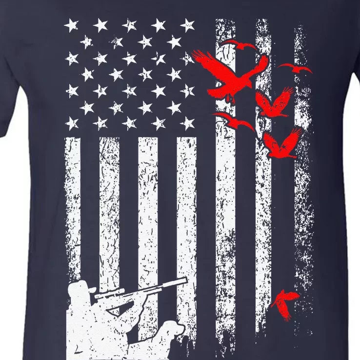 American Flag Patriotic Duck Hunting Waterfowl V-Neck T-Shirt