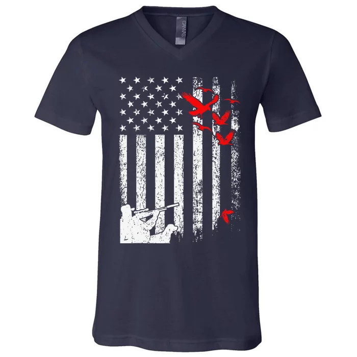 American Flag Patriotic Duck Hunting Waterfowl V-Neck T-Shirt