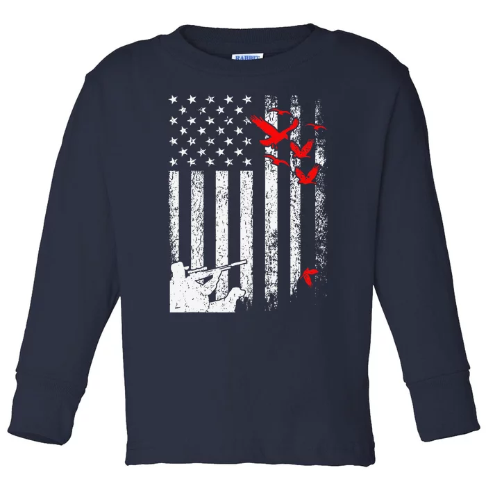 American Flag Patriotic Duck Hunting Waterfowl Toddler Long Sleeve Shirt