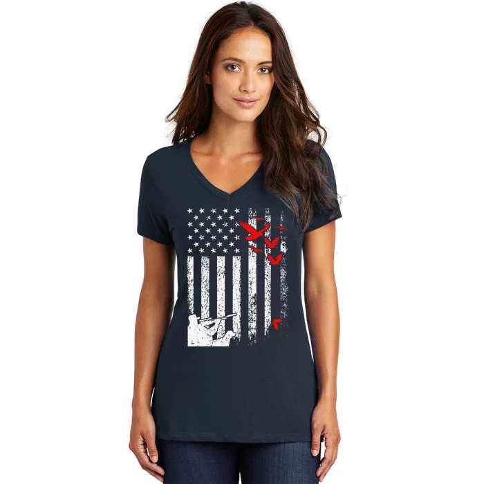 American Flag Patriotic Duck Hunting Waterfowl Women's V-Neck T-Shirt