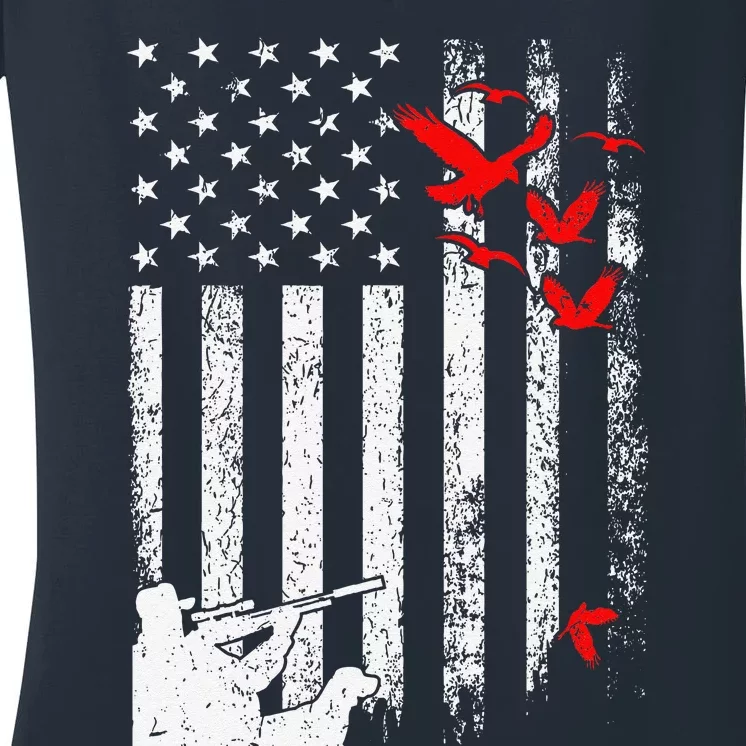 American Flag Patriotic Duck Hunting Waterfowl Women's V-Neck T-Shirt