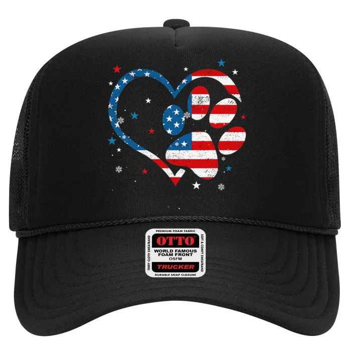 American Flag Patriotic Dog & Cat Paw 4th Of July High Crown Mesh Trucker Hat