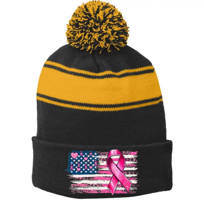 American Flag Pink Ribbon Breast Cancer Awareness Warriors Stripe Pom Pom Beanie