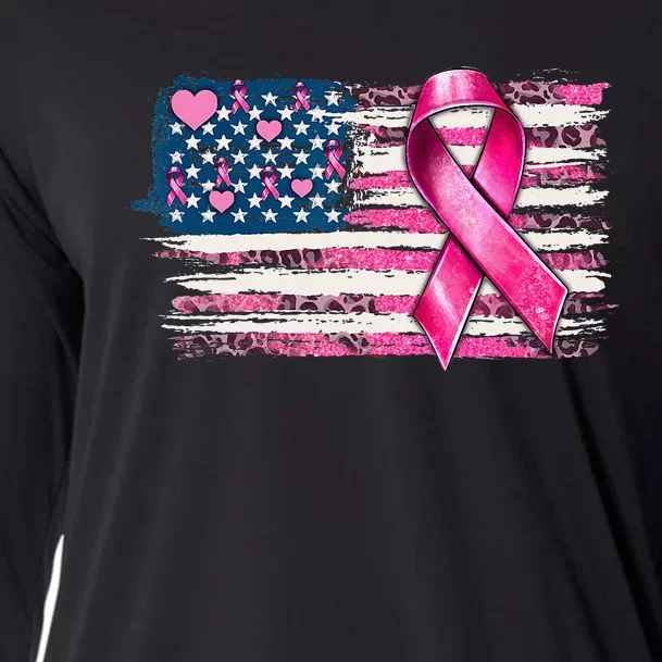 American Flag Pink Ribbon Breast Cancer Awareness Warriors Cooling Performance Long Sleeve Crew