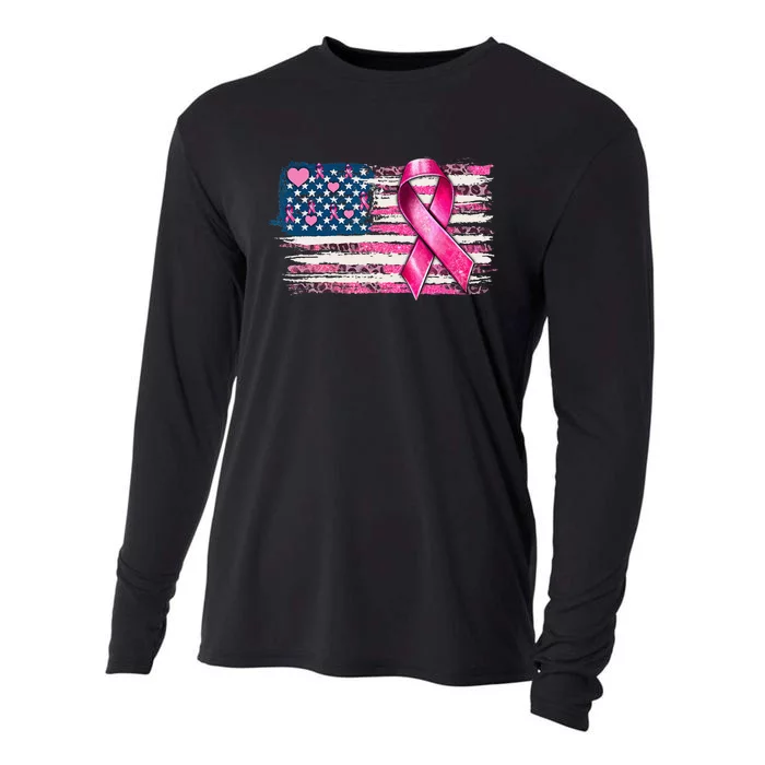 American Flag Pink Ribbon Breast Cancer Awareness Warriors Cooling Performance Long Sleeve Crew