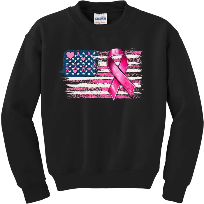 American Flag Pink Ribbon Breast Cancer Awareness Warriors Kids Sweatshirt