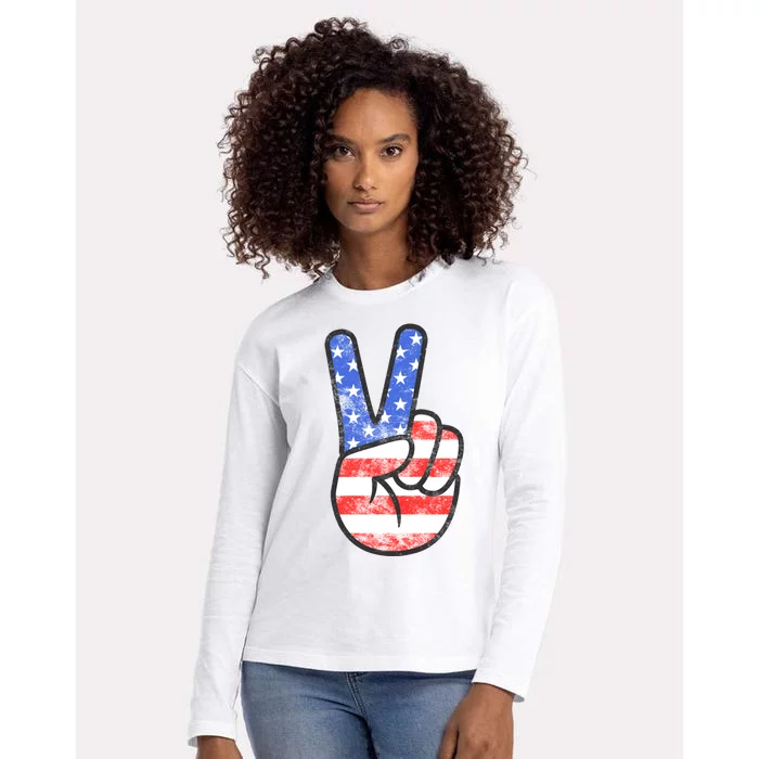 American Flag Peace Sign Hand 4th Of July Womens Cotton Relaxed Long Sleeve T-Shirt