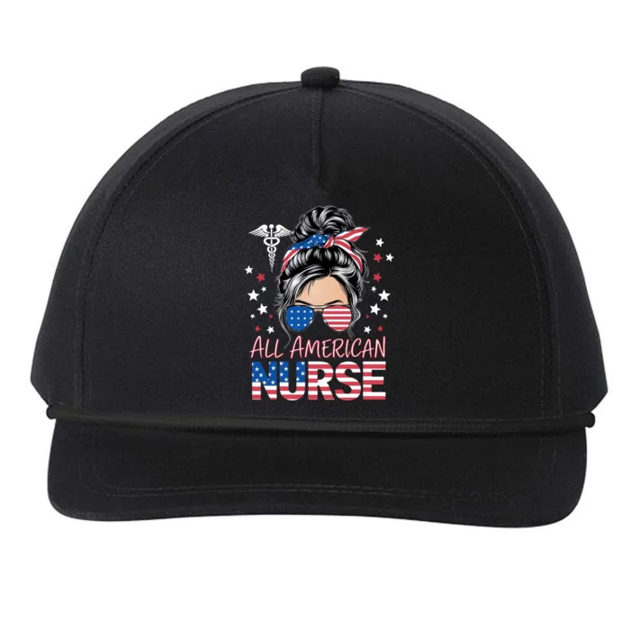 American Flag Patriotic Nurse Messy Bun 4th Of July Snapback Five-Panel Rope Hat