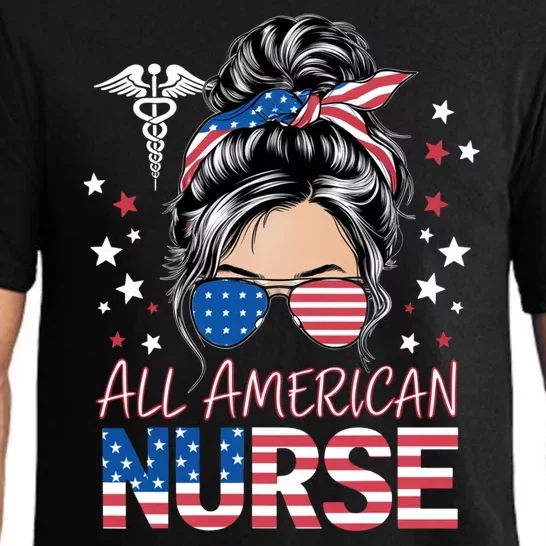 American Flag Patriotic Nurse Messy Bun 4th Of July Pajama Set