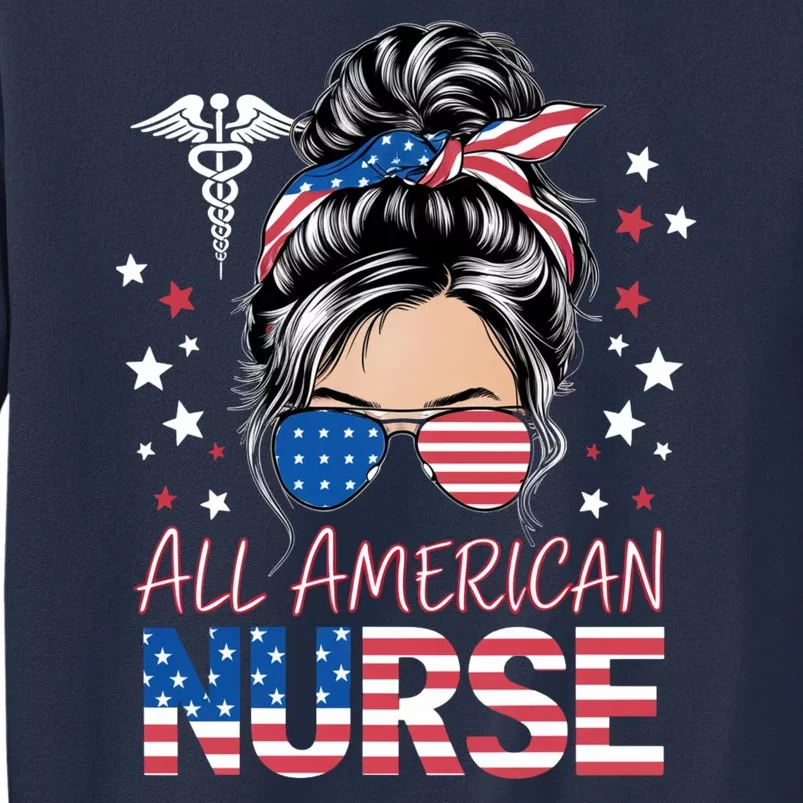 American Flag Patriotic Nurse Messy Bun 4th Of July Sweatshirt