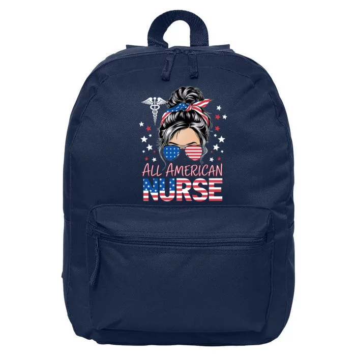 American Flag Patriotic Nurse Messy Bun 4th Of July 16 in Basic Backpack