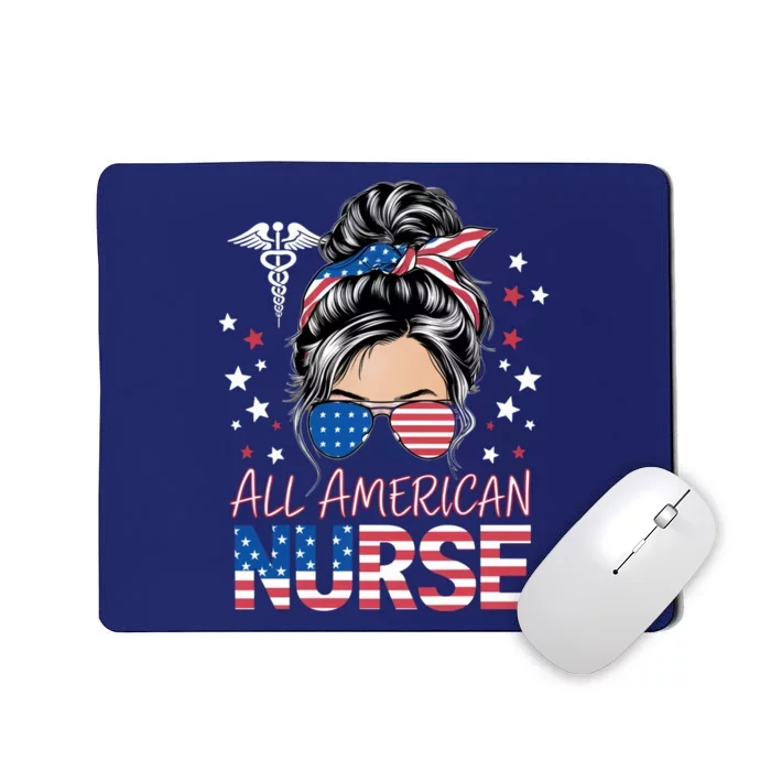 American Flag Patriotic Nurse Messy Bun 4th Of July Mousepad