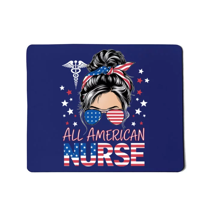 American Flag Patriotic Nurse Messy Bun 4th Of July Mousepad