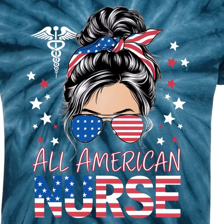 American Flag Patriotic Nurse Messy Bun 4th Of July Kids Tie-Dye T-Shirt