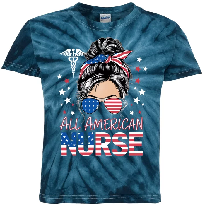 American Flag Patriotic Nurse Messy Bun 4th Of July Kids Tie-Dye T-Shirt