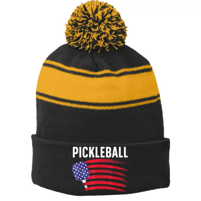 American Flag Pickleball Lover Gift Paddle Sport Stripe Pom Pom Beanie