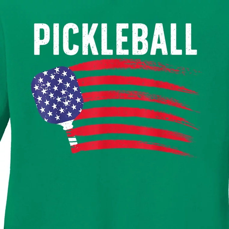 American Flag Pickleball Lover Gift Paddle Sport Ladies Long Sleeve Shirt