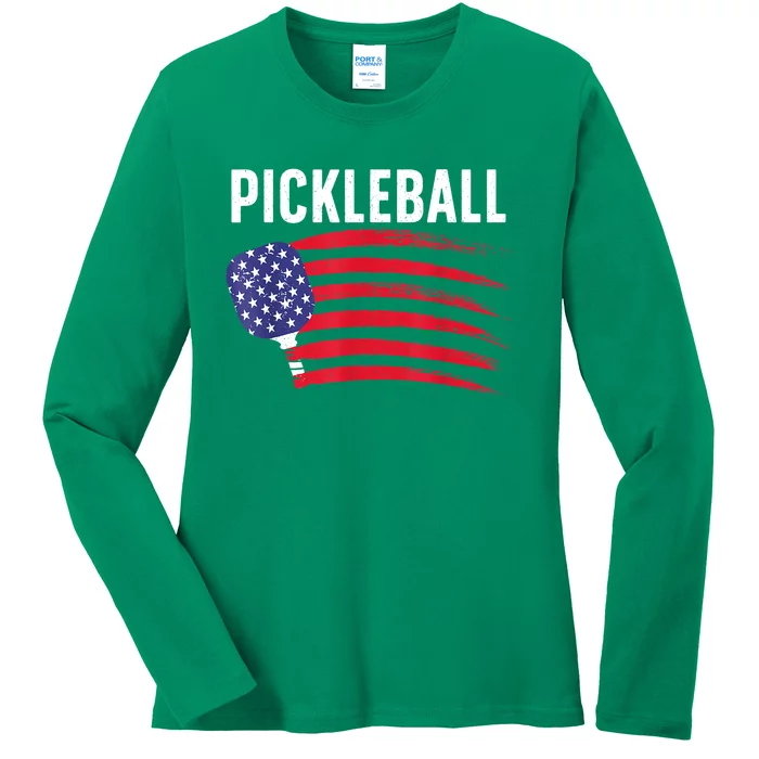 American Flag Pickleball Lover Gift Paddle Sport Ladies Long Sleeve Shirt