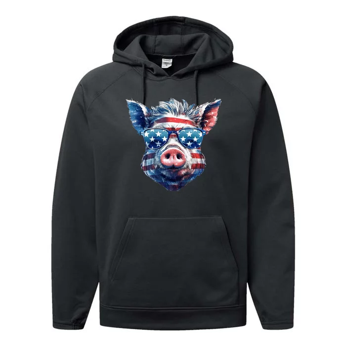 American Flag Pig Vintage Farm Animal Patriotic Farmer Pig Performance Fleece Hoodie