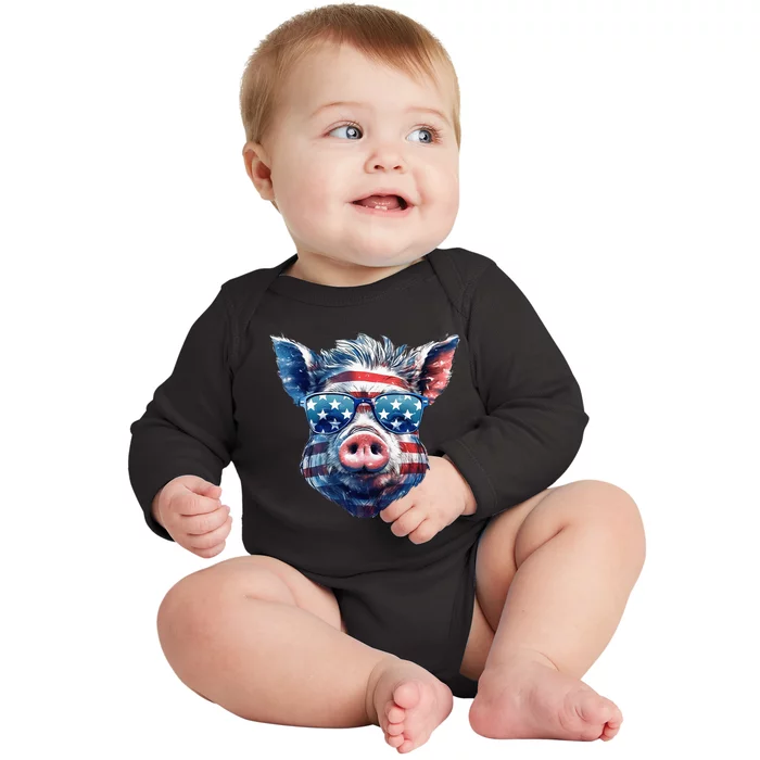 American Flag Pig Vintage Farm Animal Patriotic Farmer Pig Baby Long Sleeve Bodysuit