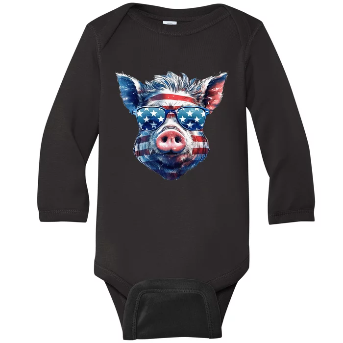 American Flag Pig Vintage Farm Animal Patriotic Farmer Pig Baby Long Sleeve Bodysuit