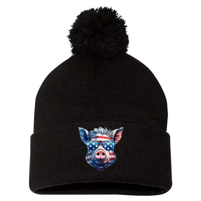 American Flag Pig Vintage Farm Animal Patriotic Farmer Pig Pom Pom 12in Knit Beanie