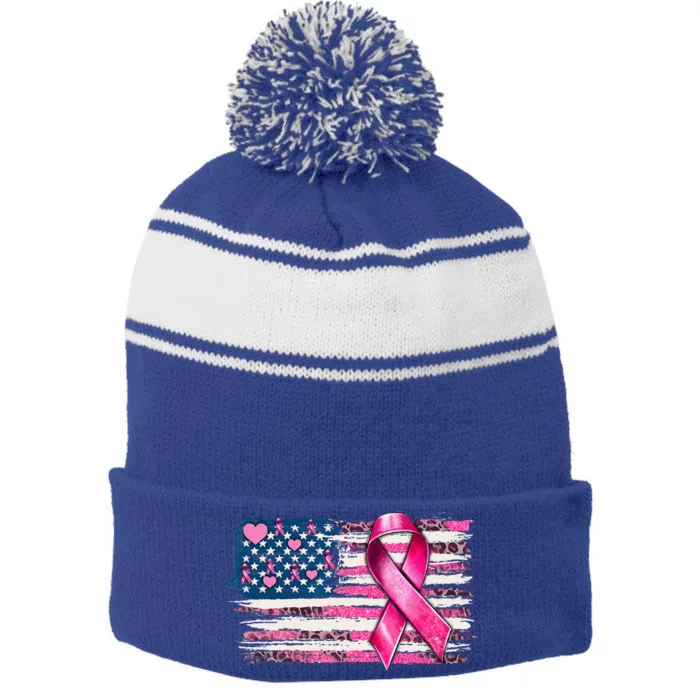 American Flag Pink Ribbon Breast Cancer Awareness Warriors Stripe Pom Pom Beanie