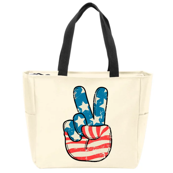 American Flag Peace Sign Hand 4th Of July Patriotic Zip Tote Bag