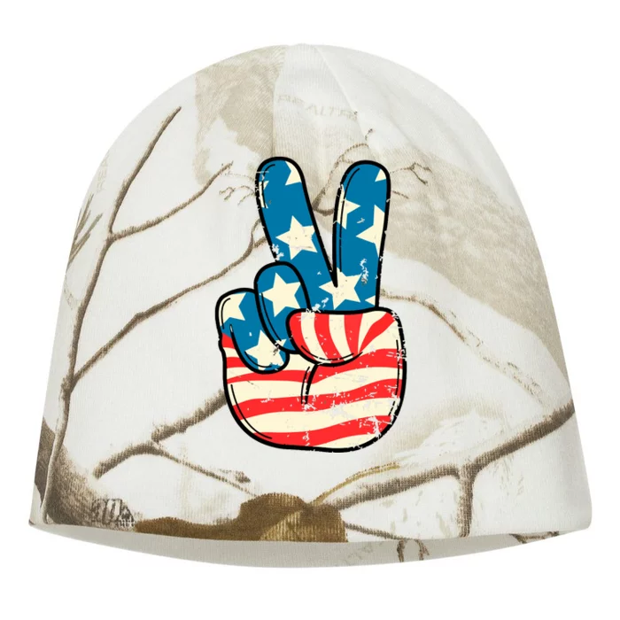 American Flag Peace Sign Hand 4th Of July Patriotic Kati - Camo Knit Beanie